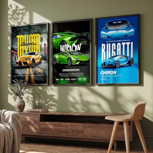 Image of HOTHOUSE Big Toyota Supra, Lamborghini Huracan, Bugatti Chiron Cars Framed Posters Gift Items for Boys Room Wall Decoration Bedroom Living Room Office Studio Decor | Set Of 3 Size (19 X 25 inch)