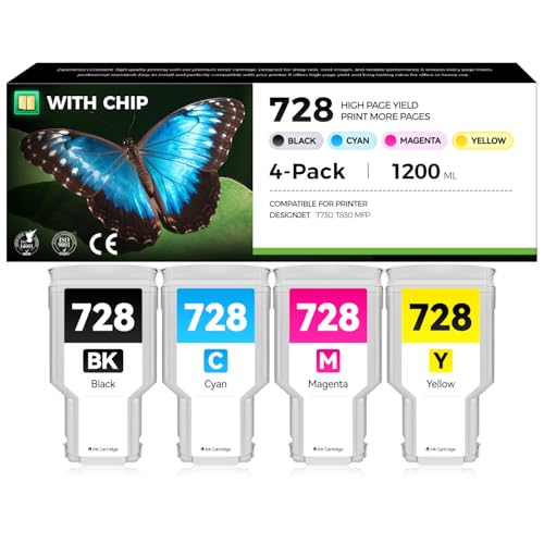 Image of 728 728XXL Ink Cartridge 300ml 4-Pack High Yield Replacement for HP 728 F9J68A F9K17A F9K16A F9K15A Compatible with DesignJet T830 MFP T730 Large Format Plotter Printer Matte Black Cyan Magenta Yellow