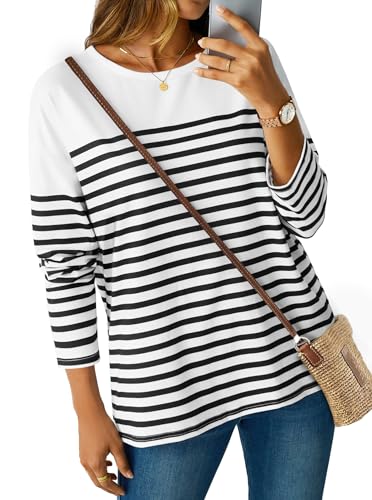 LilyCoco Womens Oversized Striped Shirt Color Block Crewneck Long Sleeve T Shirt