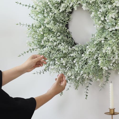 Image of 26 inch Large Artificial Eucalyptus Wreath for Front Door Decor (White-Green) | Eucalyptus Lavender Wreath with Baby's Breath Flowers, for Front Porch Home Farmhouse Outdoor Spring Summer All Season Decor