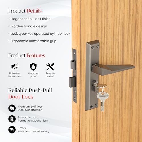 Image of LAPO Mortise Door Lock for Home Main Door & Bedroom with Handle | Heavy-Duty 60mm Cylinder | 45x45mm Body | 3 Brass Keys | Left-Right Fit 30-50mm Door Home Office Hotel | Black Finish | CY-136