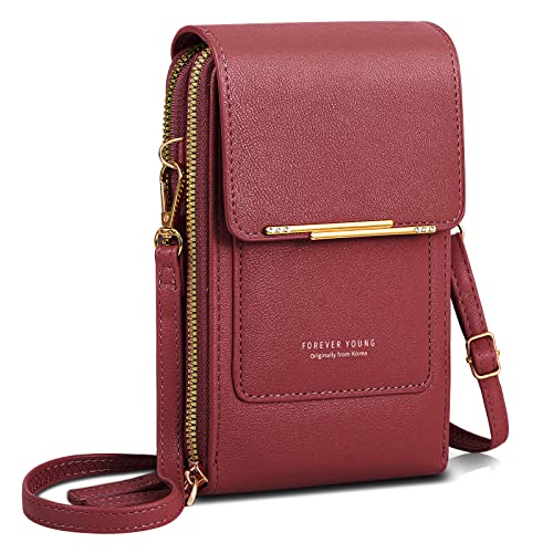 AIFILLE Pochette pour Telephone Portable Femme Fille, Petit Sac Bandoulière Femme Messenger en Cuir PU de Sport avec Bandoulière Réglable Crossbody Sacoche Sac pour iPhone Samsung Xiaomi, Vin Rouge