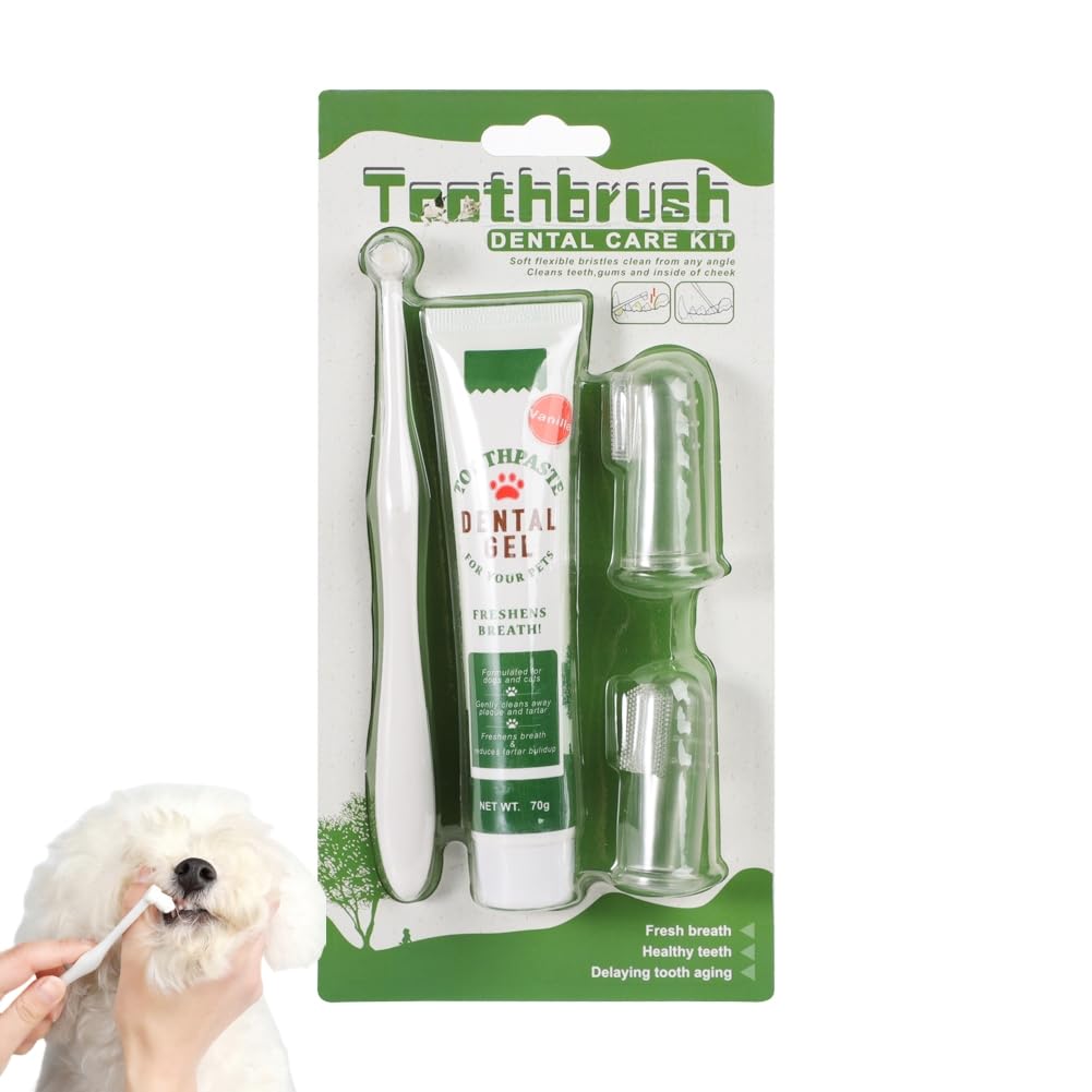 Pet Toothpaste and Toothbrush Dog Cat Dental Care Kit with 360° Finger Tooth Brushing Cleaning Beef Flavor Tools Breath Freshener Plaque Tartar Remover (Beef Flavor, One Size)