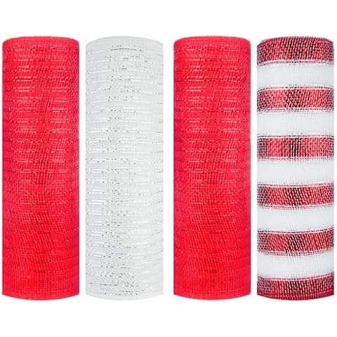 Mesh Ribbon- Deco Mesh Wreath Supplies- Metallic Foil Red and White Deco Mesh 10 Inch- Christmas Mesh for Wreath Making, Bows, DIY, Swags- 4 Pack Cover
