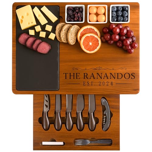 Personalized Acacia Wood Charcuterie Board Set with Stainless Steel Knives – Custom Cheese Board Gift for Wedding, Christmas, Housewarming, Bridal Shower, Anniversary, Women and Couples, Gifts for Her