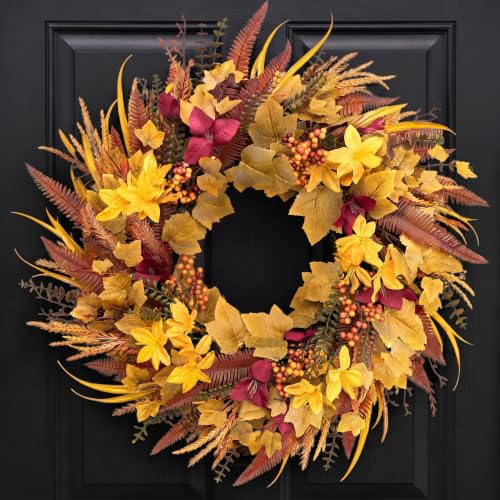 24 Inch Fall Wreaths for Front Door, Autumn Wreath with Wood Sign