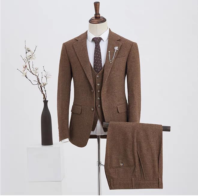 SevenBoy Retro 3 Piece Suit Tweed Herringbone Men's Suits Slim Fit Groom Tuxedos Set Prom Jacket Blazer Vest Pants2