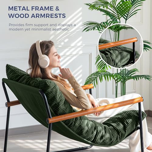 Image of MAXYOYO Modern Accent Chair, Comfy Living Room Chair with Metal Frame Wooden Armrest, Upholstered Armchair with Soft Cushion for Bedroom Balcony Lounge Reading Room, Dark Green