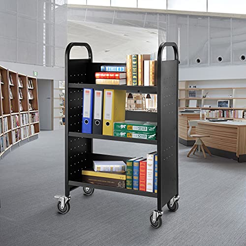 BestEquip Book Cart, 200LBS Library Cart, 30x14x45 Inch Rolling Book Cart, Single Sided V-Shaped Sloped Shelves with 4 Inch Lockable Wheels for Home Shelves Office and School Book Truck in Black