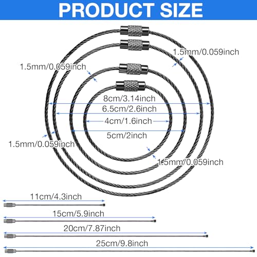 Hotop 150 Pcs Wire Keychain Cable Bulk Stainless Steel Key Rings Loop Wire Cable Braided Steel Keychain(8 Inch,Black)