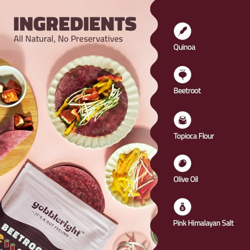 Image of GOBBLERIGHT Beetroot & Quinoa Wraps 150g (6 Wraps - Pack of 2) | 67 Kcal Per Wrap | Healthy Frozen Multigrain Tortilla for Burrito, Shawarma, Tacos | Low-Calorie & High-Protein | Gluten Free & Vegan