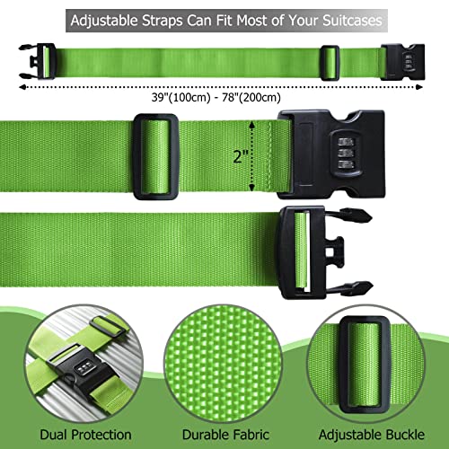 Image of 2 PCS Luggage Strap 78 inch x 2 inch Suitcase Belts Wide Adjustable Packing Straps Travel Accessories, Green&Combination Lock