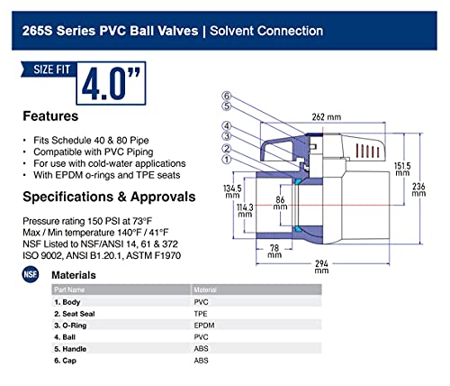 Midline Valve 487T400 PVC Ball Valve; Blue T-Handle for Potable Water; 4 in. Solvent Connections; White Plastic