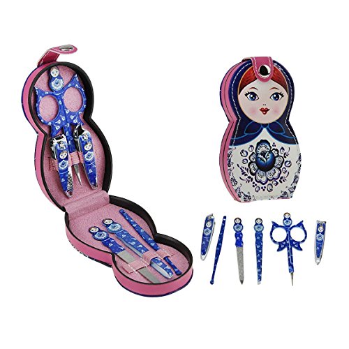 Greenery Novelty Cute Russian Doll Pattern Stainless Steel Manicure Pedicure Set (Earpick Nail-Clippers Tweezers Scissors Nail File, etc) Travel & Grooming Kit, 6 in 1 (Blue)