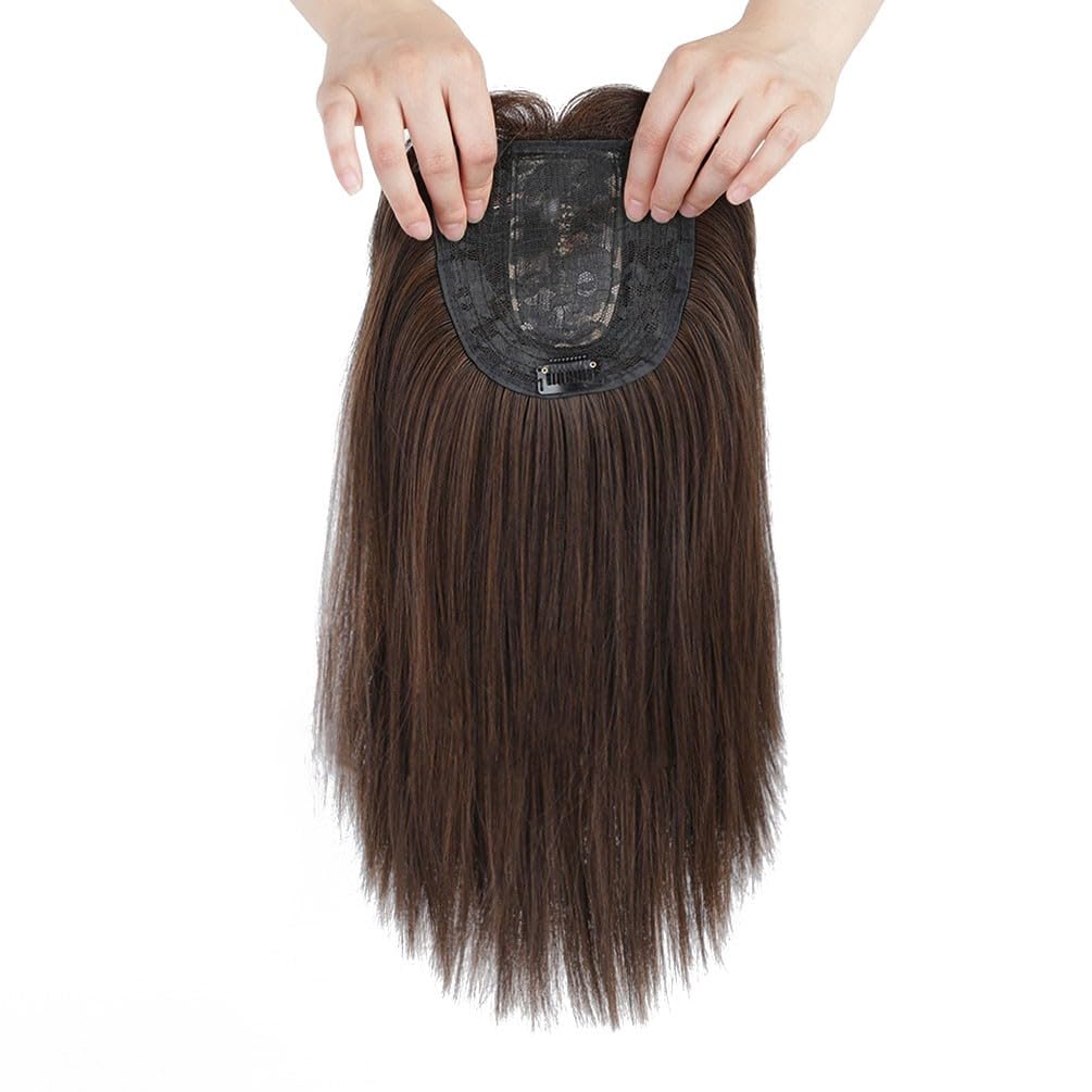 Silk Straight Hair Topper Thick Bangs 16inch Clip in One Piece Invisible Wiglet Head Top Replacement for Women Hair Loss (Light Brown)