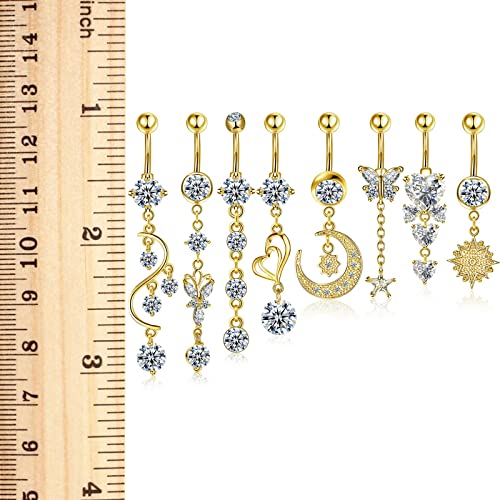 Hicarer 8 Pieces 14G Belly Button Rings Steel Long Dangle Navel Ring CZ Body Piercing Jewelry4