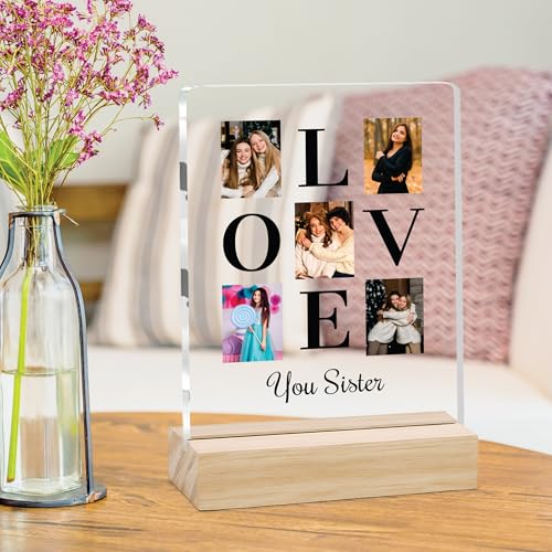 Image of Giftplease Customized Photo Frame with Text & Wooden Stand | Personalised Printed Photo Frame Gift for Sister | Birthday, Tabletop D cor | Customized Photo Gift (6x8 Inches) SIS 12
