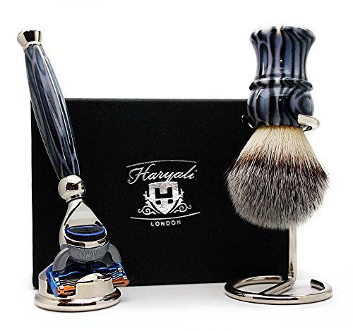 Haryali London 4 Pc Mens Shaving Kit 5 Edge Razor with Synthetic Badger Hair Shaving Brush, Stainless Steel Razor Stand and Brush Stand Perfect Set for Men