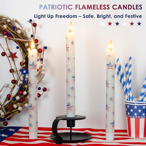 Image of JOIONE Patriotic Flameless Taper Candles with Remote, 3 Pack Star Sticker | Battery Operated, Star Stickers, Real Wax, Remote Control, Warm Flickering Glow, 4th of July Independence Day Party Decor