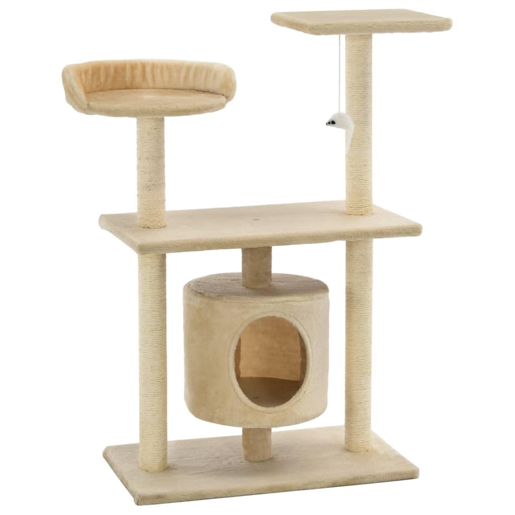 Rascador para gatos con tronco rascador de sisal, 95 cm, color beige | Zona de juegos para gatos de varios pisos con cueva, plataformas de observación y cuerda de sisal.