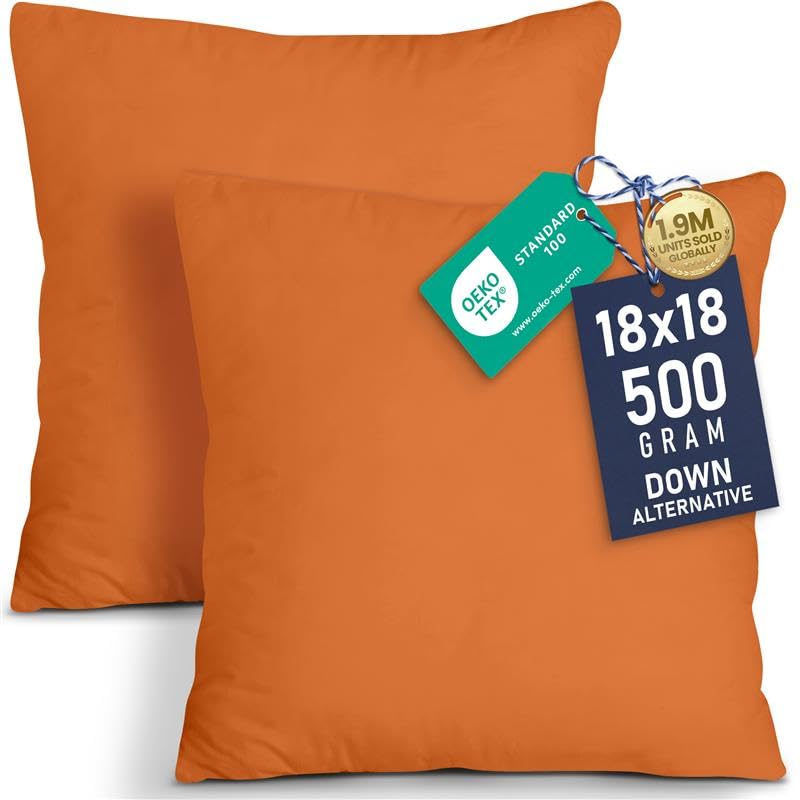 Utopia Bedding 18x18 Pillow Inserts, Set of 2, Orange – Indoor Decorative Throw Pillows for Bed, Sofa & Couch – Soft, Supportive & Fluffy Cushion Inserts