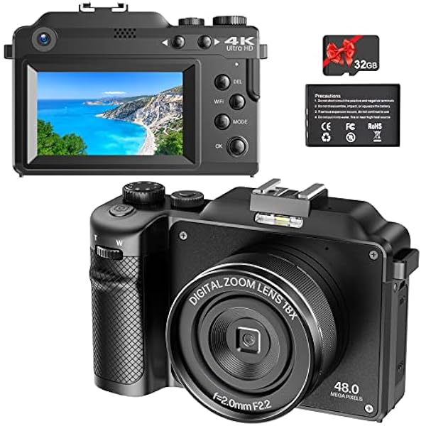 Vmotal Fotocamera Digitale 4K, Foto UHD 48MP Video 4K 30FPS, Doppio Obiettivo, Zoom Digitale 18x, Fotocamera Autofocus per Fotografia, Con Wifi e Scheda SD da 32GB, Fotocamera Vlogging per YouTube