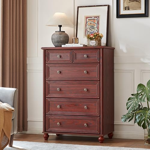 Farmhouse 6 Drawer Dresser Set of 2, Red Oak Chest of Drawers, 43.5" Tall Dressers for Bedroom with Roman Column and Metal Handles, Rustic Wood Storage Organizer for Living Room, Hallway, Closet
