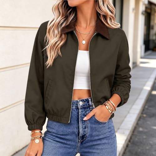 Womens Bomber Jacket Cropped Corduroy Collar Zip Up Pockets Lightweight - image 3