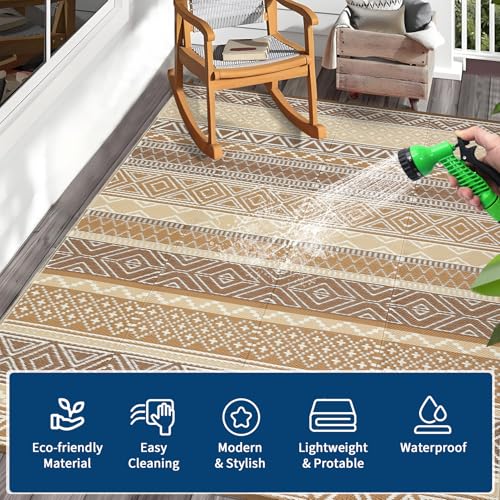 Image of GlowSol Waterproof Outdoor Rug 10x14 Reversible Patio Rug Portable Plastic Straw Rugs for Camping Outdoor RV Mat for Camper Large Outdoor Rugs for Backyard,Picnic,Beach,Deck,Porch,Balcony,Brown /Tan