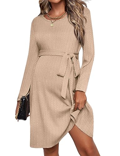 Ekouaer Womens Maternity Dress Rib Knit Long Sleeve Pregnancy Dresses Crewneck Pregnant Clothes with Belt Khaki M