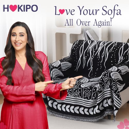 Image of HOKIPO Printed 320 GSM Chenille Sofa Cover Throw Blanket for 1 Seater Sofa - All Season, 'Serene Abode Series' Black Fern Tribal (180x180 cm) (AR-6631-D4)