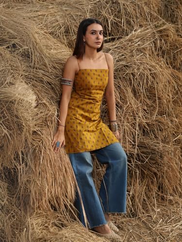 Image of GoSriKi Women's Printed Noodle Strap Short Kurti for Girls |Lace-up Back Design |Short Kurti for Women |Sleeveless Kurti Stylish
