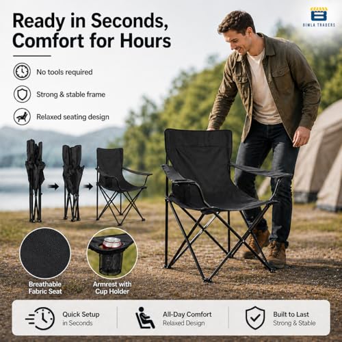 Image of BTAG Foldable Camping Chair with Armrest & Cup Holder, Portable Outdoor Chair with Carry Bag for Camping, Picnic, Fishing & Travel - Black
