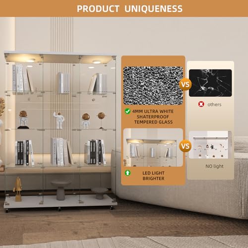 Image of Beauty4U White Glass Display Cabinet, 12-Shelf Curio Cabinet with LED