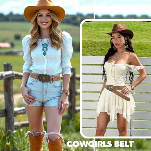Yalice Women Brown Belt Western Cowgirls Leather Belt with Vintage Buckle Cowboy Country Waist Belts for Jeans Dresses2