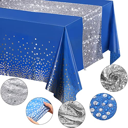 Image of Irenare 2 Pcs Blue and Silver Tablecloth and Sequin Table Runner Set Polka Dots Confetti Table Cover Dining Plastic Tablecloths Glitter Decorations for Birthday Wedding Anniversary Party Supplies