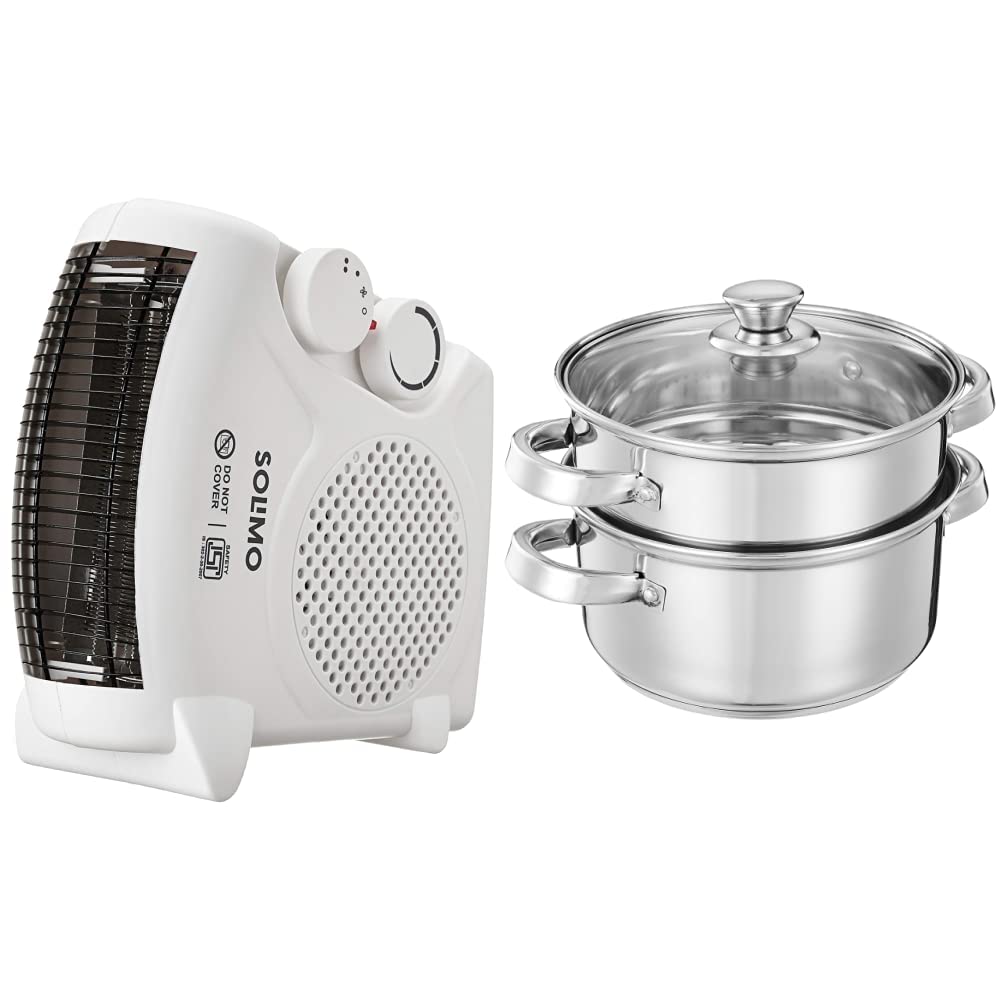 Amazon Brand - Solimo 2000-Watt Room Heater (ISI certified, White colour, Ideal for small to medium r & Stainless Steel Induction Bottom Steamer/Modak/Momo Maker with Glass Lid (2500 Combo-picture-13