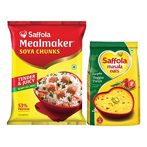 Image of Saffola Masala Oats, Tasty Evening Snack, Veggie Twist, 500g & Saffola Mealmaker Soya Chunks with Supersoft Technology, Tender & Juicy, 1 kg (Pouch)