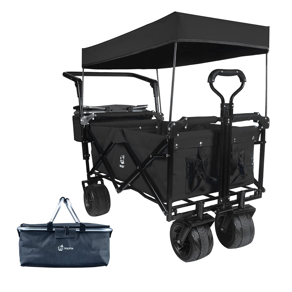 Collapsible Wagon Heavy Duty Folding Wagon Cart with Removable Canopy, 4" Wide Large All Terrain Wheels, Brake, Adjustable Handles,Cooler Bag Utility Carts for Outdoor Garden Beach