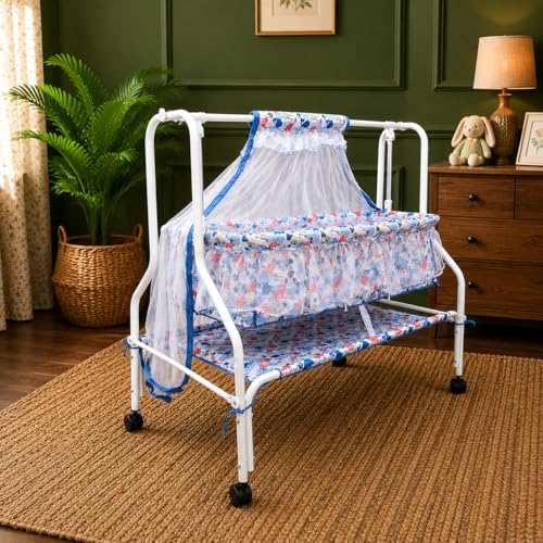 Image of Kiddery Neptune | Cradle for Baby | New Improved Mattress Design | Mosquito Protection Net | Smooth Swing | All Wheel Lock | Palna | Jhula | Uyyala| 0-10 Months | Blue