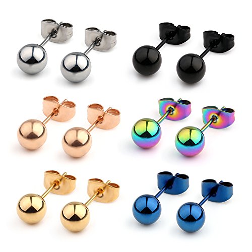 Ruifan 20G Mix Color Stainless Steel Ball Stud Earrings for Men Women Round 4mm 6Pairs