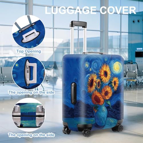 Image of Van Gogh Sunflowers Luggage Cover - Artistic Suitcase Protector with Starry Night and Vase Design - Fits 28-30 Inch Travel Luggage,L