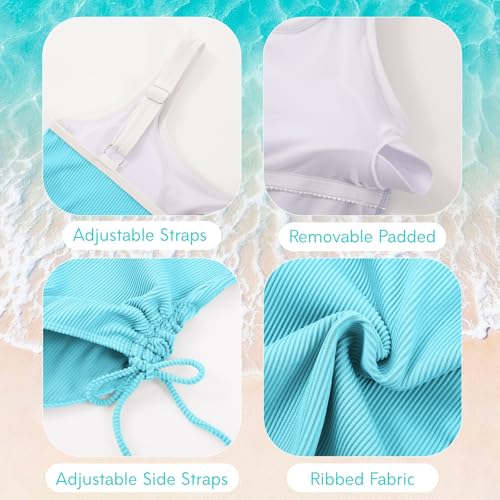 Image of Weixinbuy Girls Swimsuit Ribbed Bathing Suit for Girls Adjustable Strap Color Block Summer Beach One Piece Swimsuit
