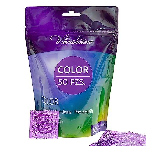 VIBRATISSIMO Condones Color paquete de 50 | sensitivos y extra húmedos | preservativos de colores | anticoncepción hombres | condones set multicolor de rojo, negro, amarillo, verde y dorado