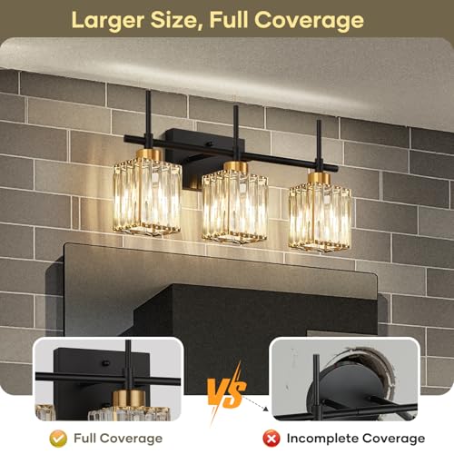 Image of Torondo Modern Crystal 3-Light Vanity Lights for Bathroom Gold Bathroom Lights Over Mirror Black and Gold Vanity Lighting Fixtures Square Shade Brass Wall Sconce (Bulbs Not Include)