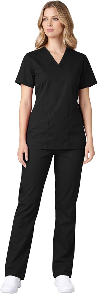 M&M SCRUBS Scrubs for Womens Set Mock Wrap Scrub Top, Back Tie Flare Pants