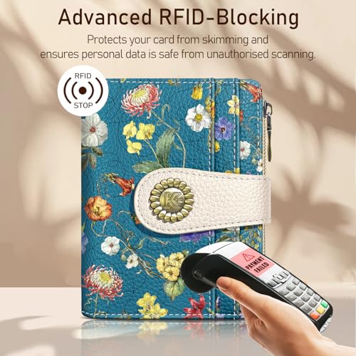 Image of Kelvoris Blue Vibrant Floral Small Rfid Women Wallet Zipper Coin Pocket | Bifold PU Leather Compact Cash Credit Card Holder Travel Purse for Female Ladies Teen Girls 1 ID Window 10 Card Slots