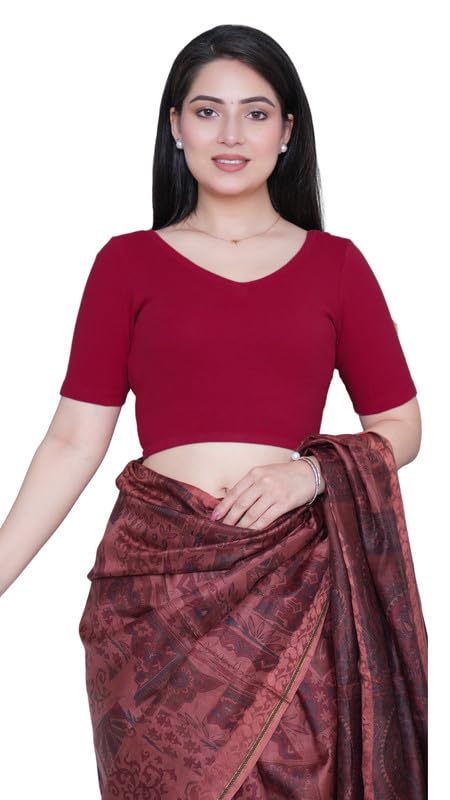 Mlada V-Neck Stretchable Saree Blouse Top for Women | Slim Fit Short Sleeves Solid Cotton Blouses | Readymade Saree Blouses for Women Festive & Ethnic | Blouse Crop Top