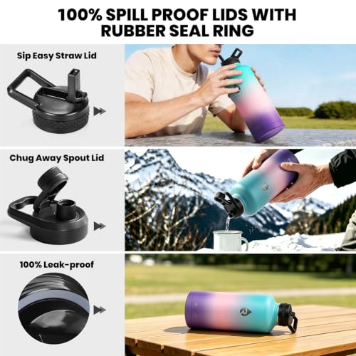 Image of RAYMYLO Insulated Water Bottle 87 oz, Triple Wall Vacuum Stainless Steel (Cold for 48 Hrs), Leak Proof & Non-BPA, Modern Water Flask Jug with Paracord Handle & Straw Spout Lids, Hydrangea