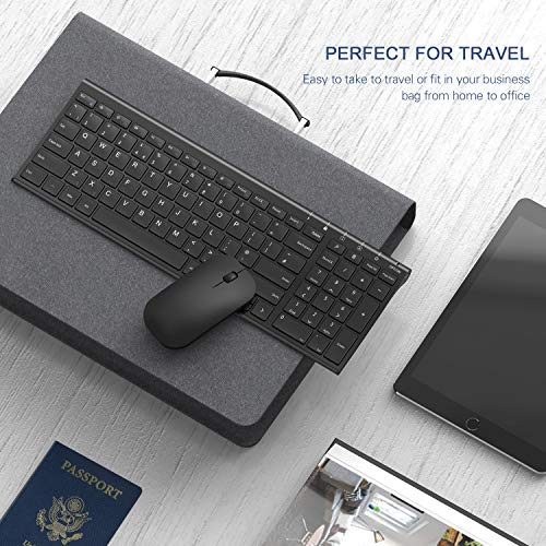 Image of seenda WGJP-031B Wireless Keyboard Mouse Set, Ultra Thin Compact Rechargeable Aluminum Full Size Computer Keyboard & Mouse Combo UK QWERTY Layout for Office, Home, Business, Black